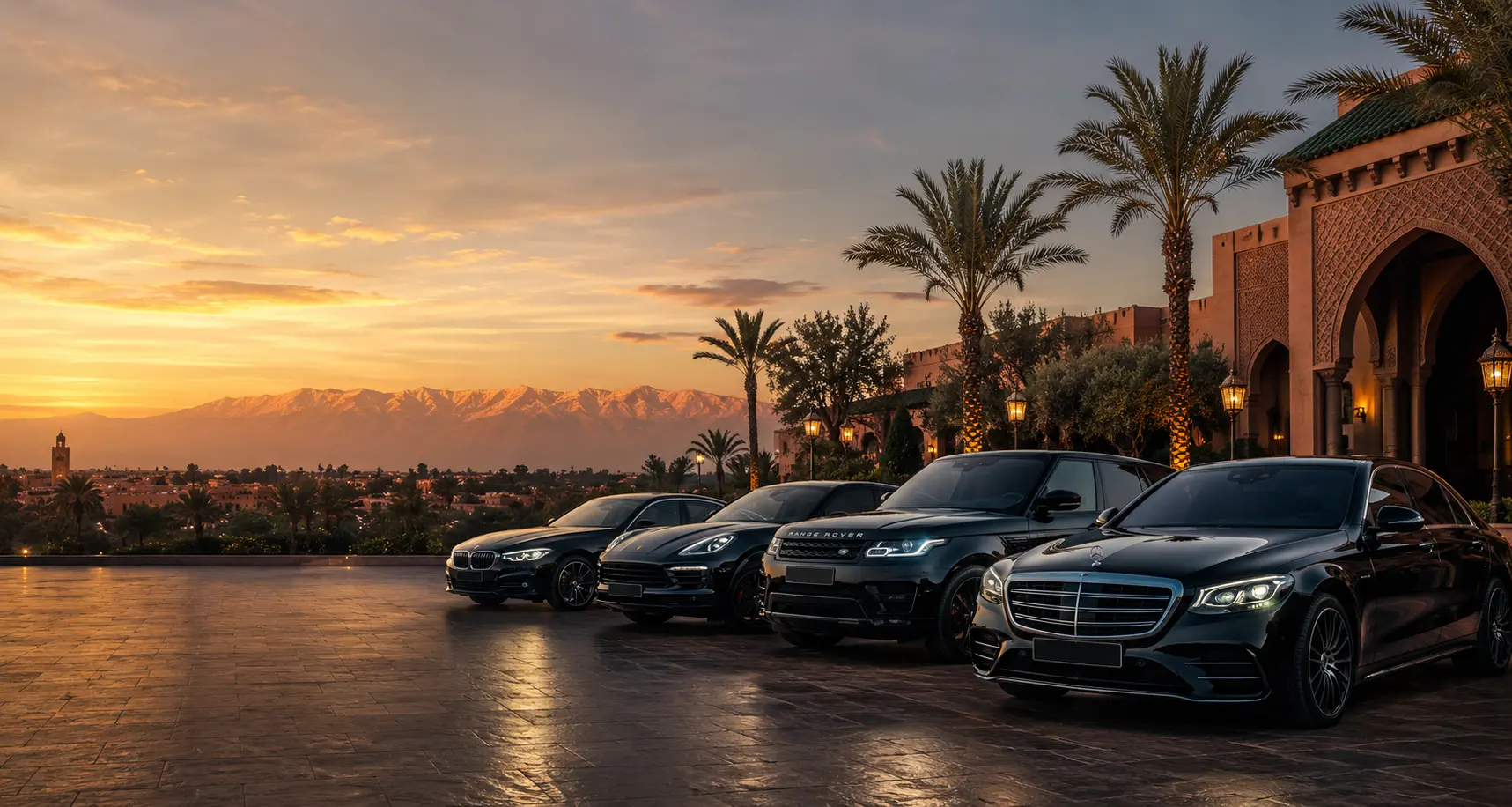 The fleet drawn up outside a Marrakech riad at sunset, the Atlas mountains behind